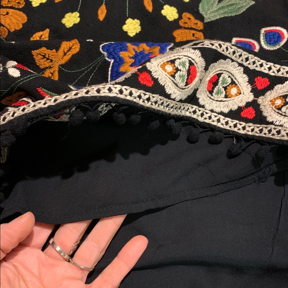 Umgee Pom Pom Black Mini Skirt with Colorful Embroidered Birds and Florals - Picture 7 of 12